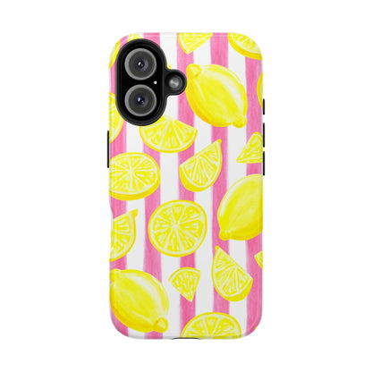 Pink Lemonade Yellow Lemons with Pink & White Watercolor Stripes Tough Phone Case