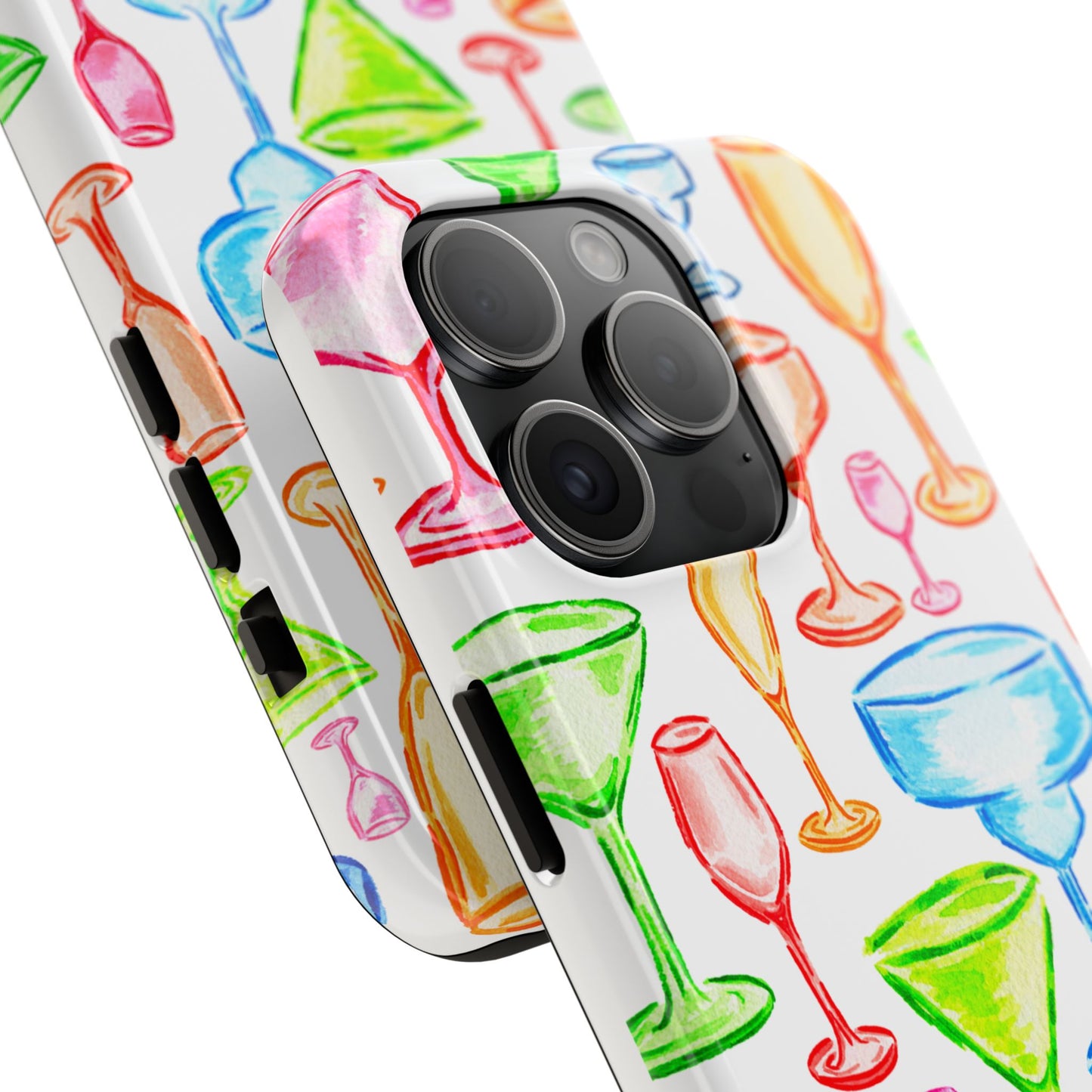 Monochromatic Margarita, Wine, Martini, and Champagne Flute Cocktail Glasses Watercolor Illustrated Tough Phone Case | Various Models Available