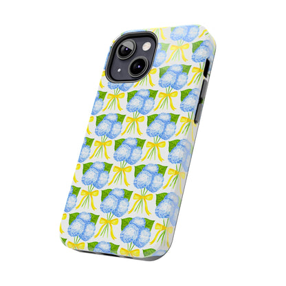 Blue Hydrangea Bouquets with Yellow Bow Ribbon Watercolor Illustrated Patterned Tough Phone Case | Various Models