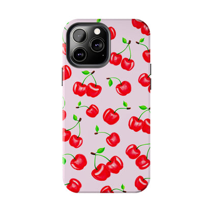 Tossed Red Watercolor Cherries Illustrated Pattern Light Pink Tough Phone Case | Various Models