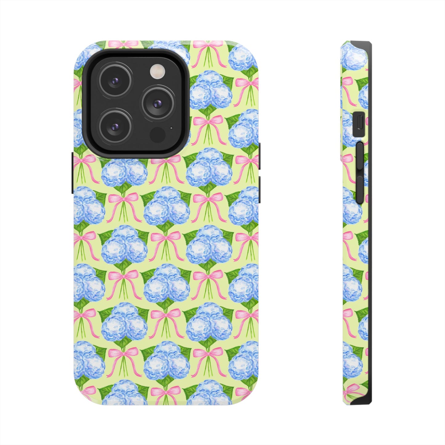 Blue Watercolor Hydrangea Bouquets with Light Pink Bows Watercolor Illustrated Patterned Yellow Tough Phone Case | Various Models