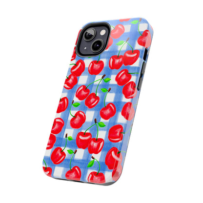 Tossed Red Cherries Blue Gingham Checkered Watercolor Illustrated Tough Phone Case | Various Models
