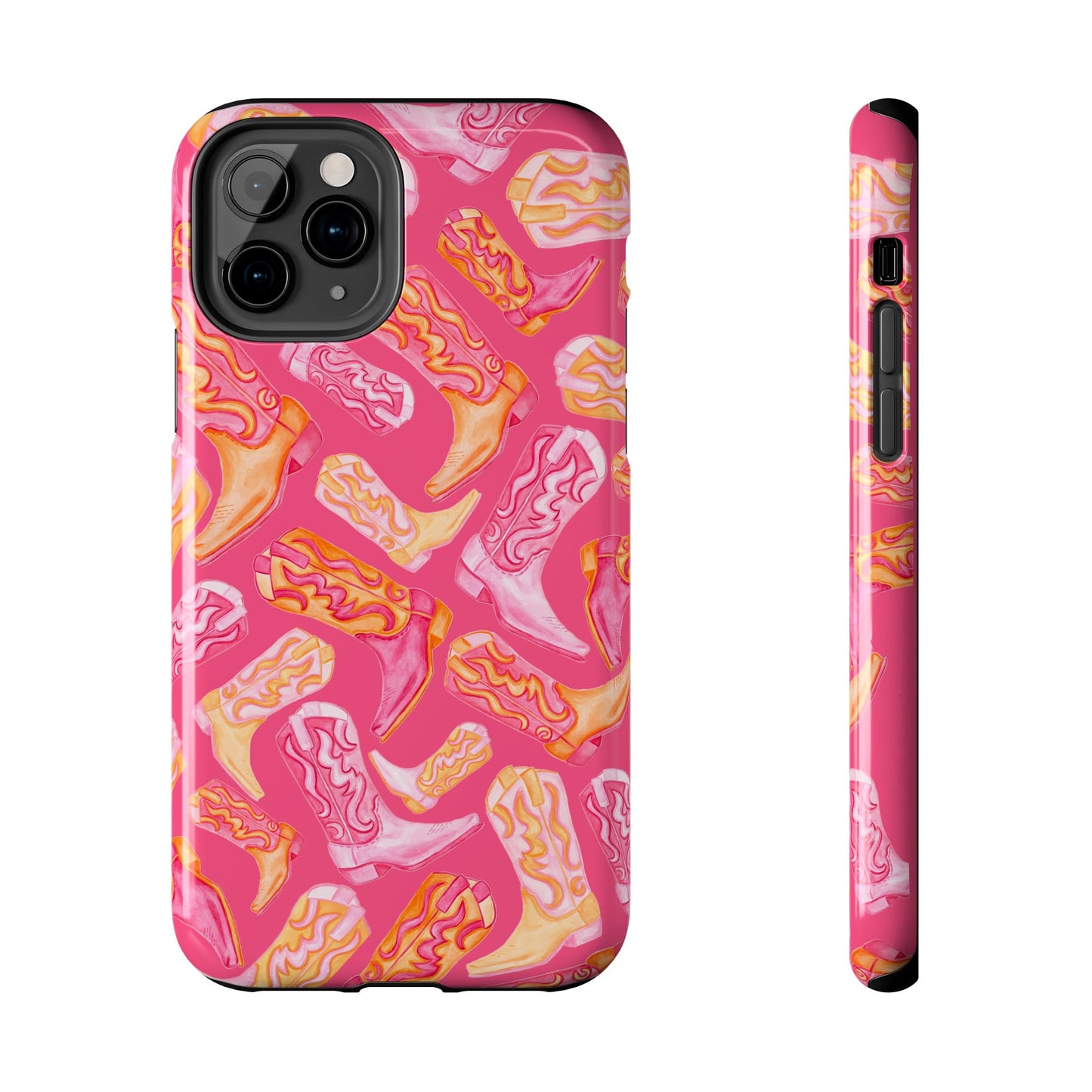 Tossed Hot Pink & Orange Watercolor Cowboy Boots Hot Pink Tough Phone Cases | Various Models iPhone 11 Pro
