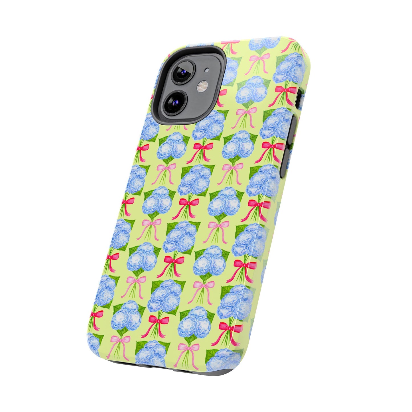 Watercolor Blue Hydrangea Bouquets with Hot Pink and Light Pink Bow Ribbons Illustrated Pattern Yellow Tough Phone Case | Various Models