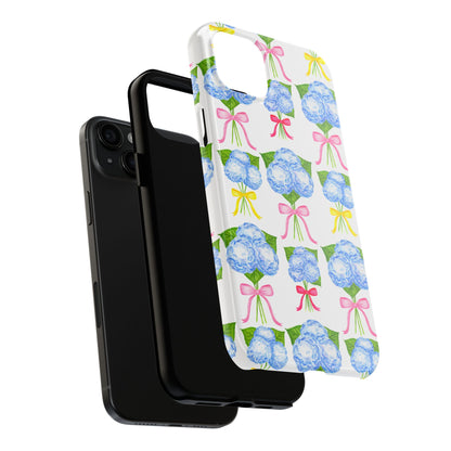 Blue Hydrangeas with Hot Pink, Yellow, Light Pink Bows Watercolor Illustrated Patterned Tough Phone Case | Various Models