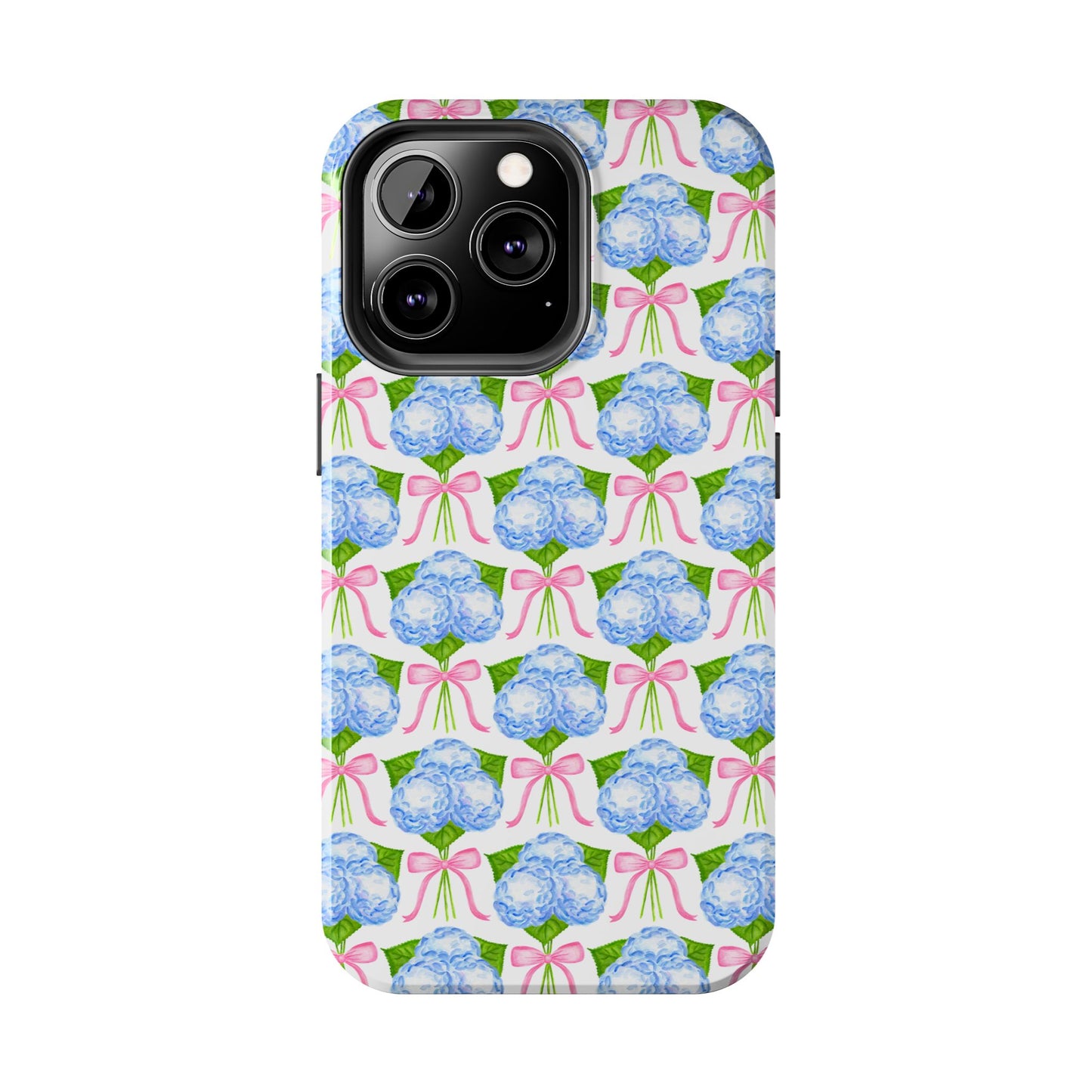 Blue Watercolor Hydrangea Bouqets with Light Pink Bows Watercolor Illustrated Patterned Tough Phone Case | Various Models