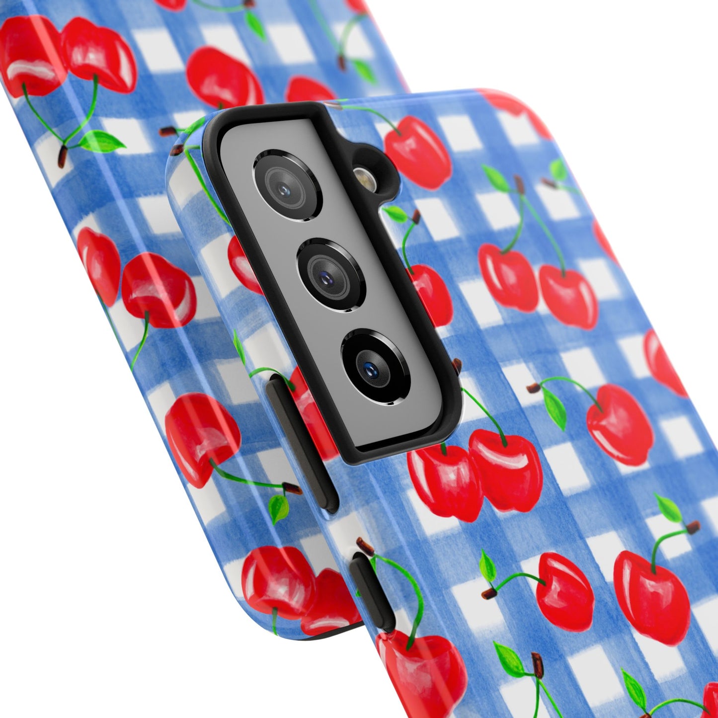 Tossed Red Watercolor Illustrated Cherries Light Blue Gingham Tough Phone Case | Various Models