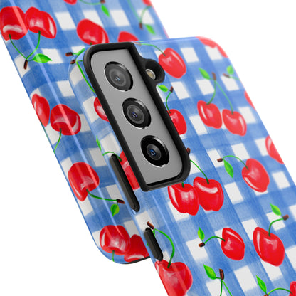 Tossed Red Watercolor Illustrated Cherries Light Blue Gingham Tough Phone Case | Various Models