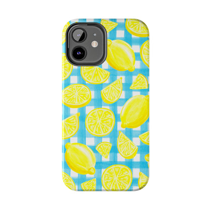Bright Yellow Lemons Watercolor Illustrated Tossed Pattern Turquoise Gingham Tough Phone Case | Various Models