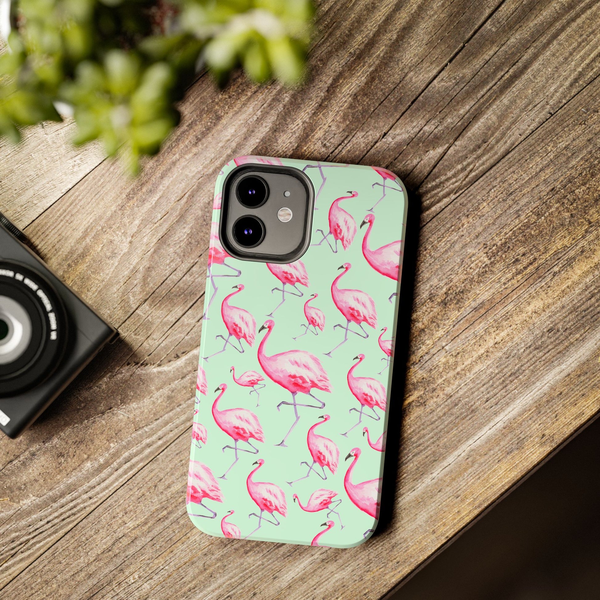 Pink Flamingos Watercolor Illustrated Tossed Pattern Green Phone Case | Various Models