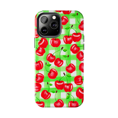 Red Tossed Cherries Green Gingham Watercolor Illustrated Tough Phone Case | Various Models Available