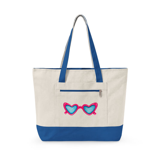 Hot Pink Heart Shaped Sunglasses Printed Zippered Canvas Tote 18" x 14" | Various Colors 18" x 14" x 4.5" Natural Royal