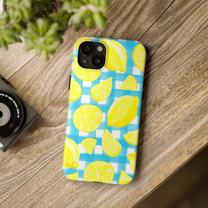 Yellow Lemons & Turquoise Gingham Watercolor Illustrated Tough Phone Case | Various Models Available