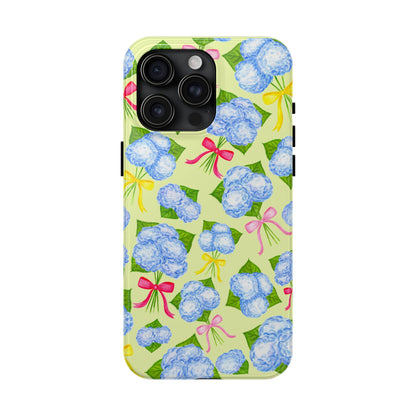 Blue Watercolor Hydrangea Bunches with Hot Pink, Yellow, Light Pink Bows Illustrated Patterned Yellow Tough Phone Case | Various Models