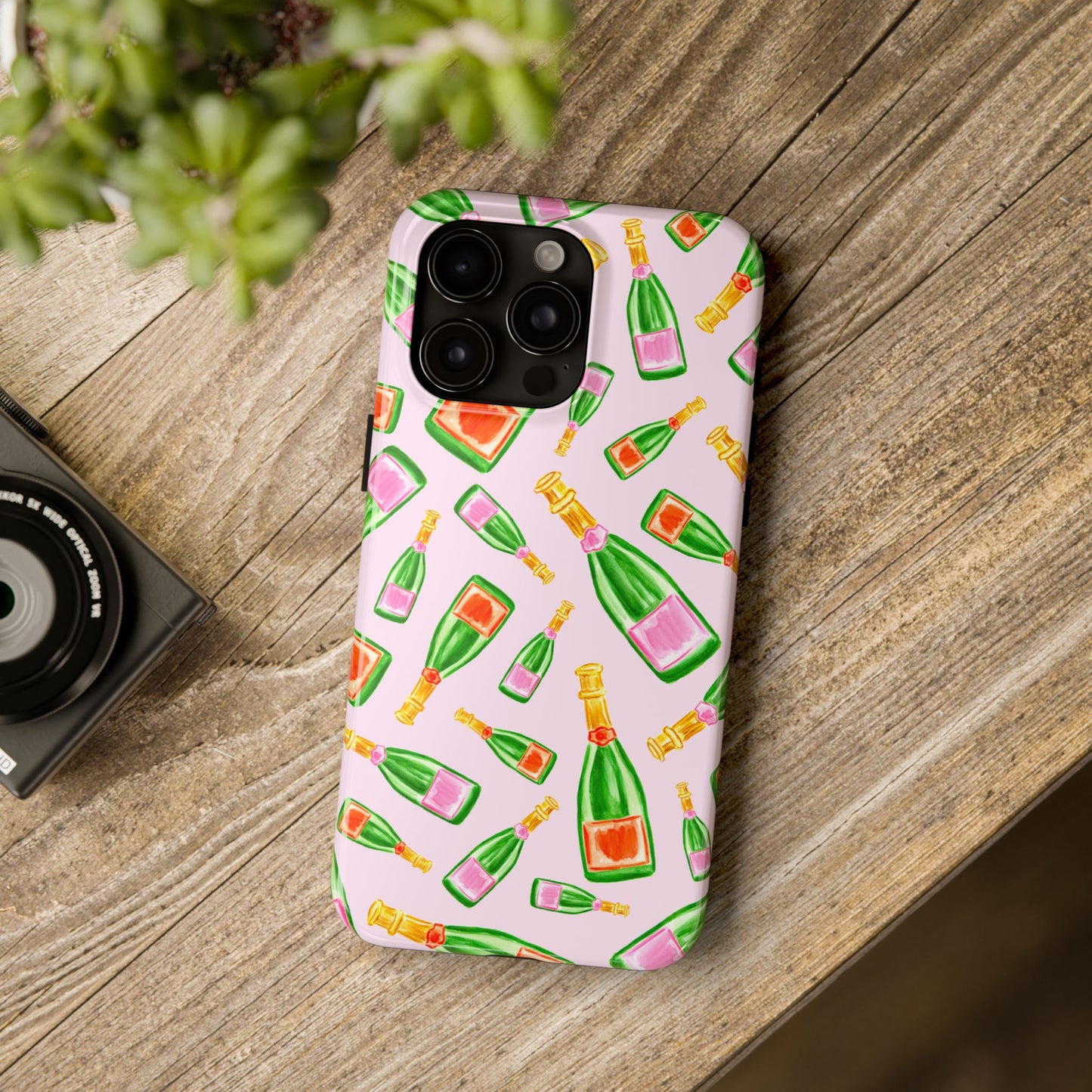 Tossed Pink and Green & Orange and Green Watercolor Illustrated Champagne Bottles Pattern Blush Pink Tough Phone Case | Various Models