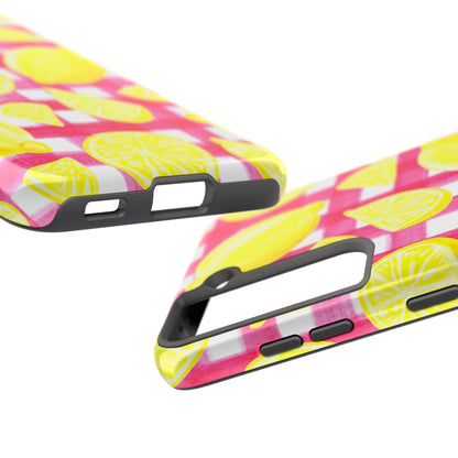 Yellow Lemons & Hot Pink Gingham Watercolor Illustrated Tough Phone Case | Various Models Available