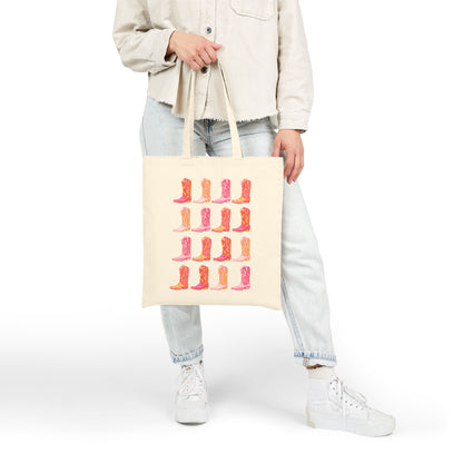 Canvas Tote | Rows of Hot Pink and Orange Cowboy Boot Watercolor Illustrated Farmers Market Tote | Western Preppy Gift | Coastal Cowgirl