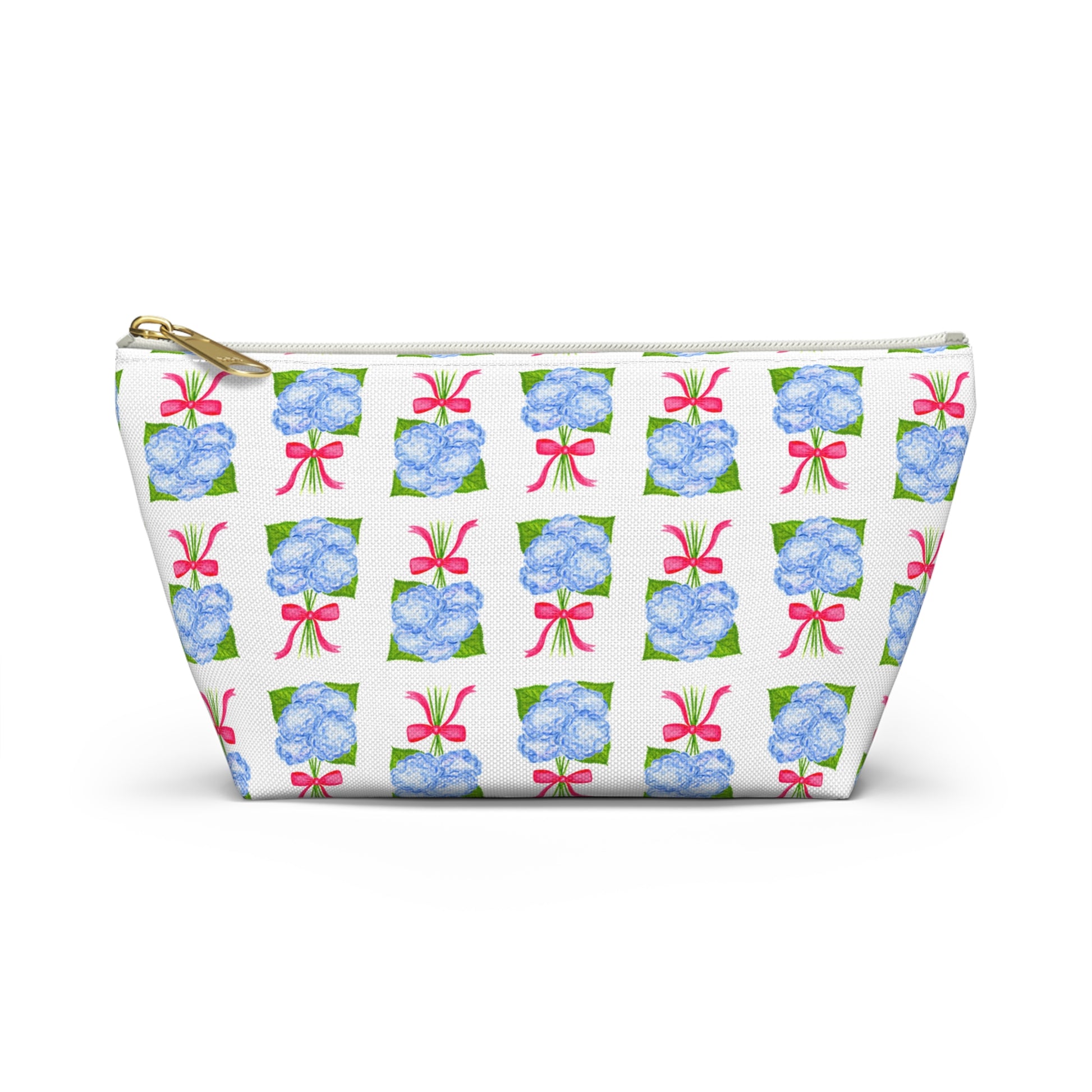 Blue Hydrangea Bouquets with Hot Pink Bows Watercolor Illustrated Printed Accessory Pouch T-Bottom | Large or Small Small White zipper