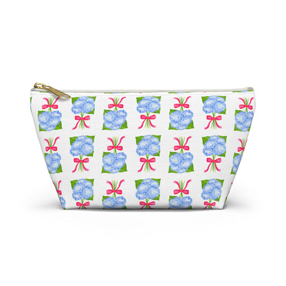 Blue Hydrangea Bouquets with Hot Pink Bows Watercolor Illustrated Printed Accessory Pouch T-Bottom | Large or Small Small White zipper