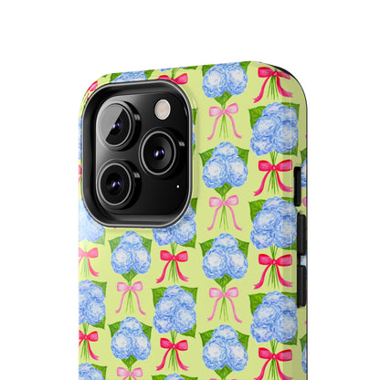 Watercolor Blue Hydrangea Bouquets with Hot Pink and Light Pink Bow Ribbons Illustrated Pattern Yellow Tough Phone Case | Various Models
