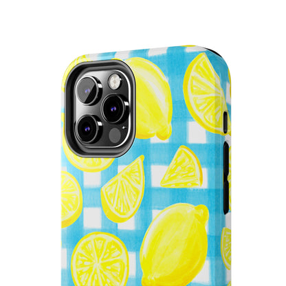 Yellow Lemons & Turquoise Gingham Watercolor Illustrated Tough Phone Case | Various Models Available