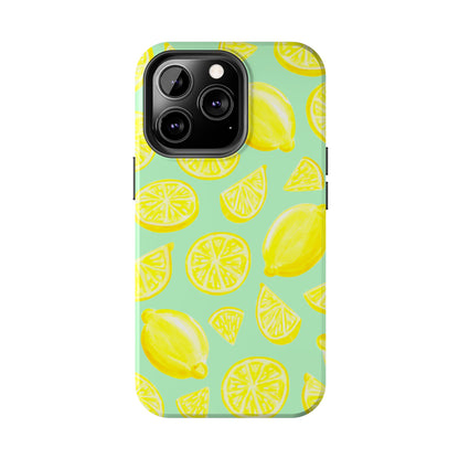 Bright Yellow Lemons Watercolor Illustrated Tossed Pattern Mint Green Tough Phone Case | Various Models