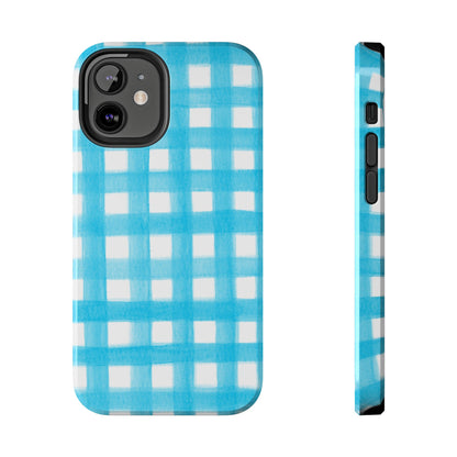 Turquoise Gingham Watercolor Illustrated Tough Phone Case | Various Models Available