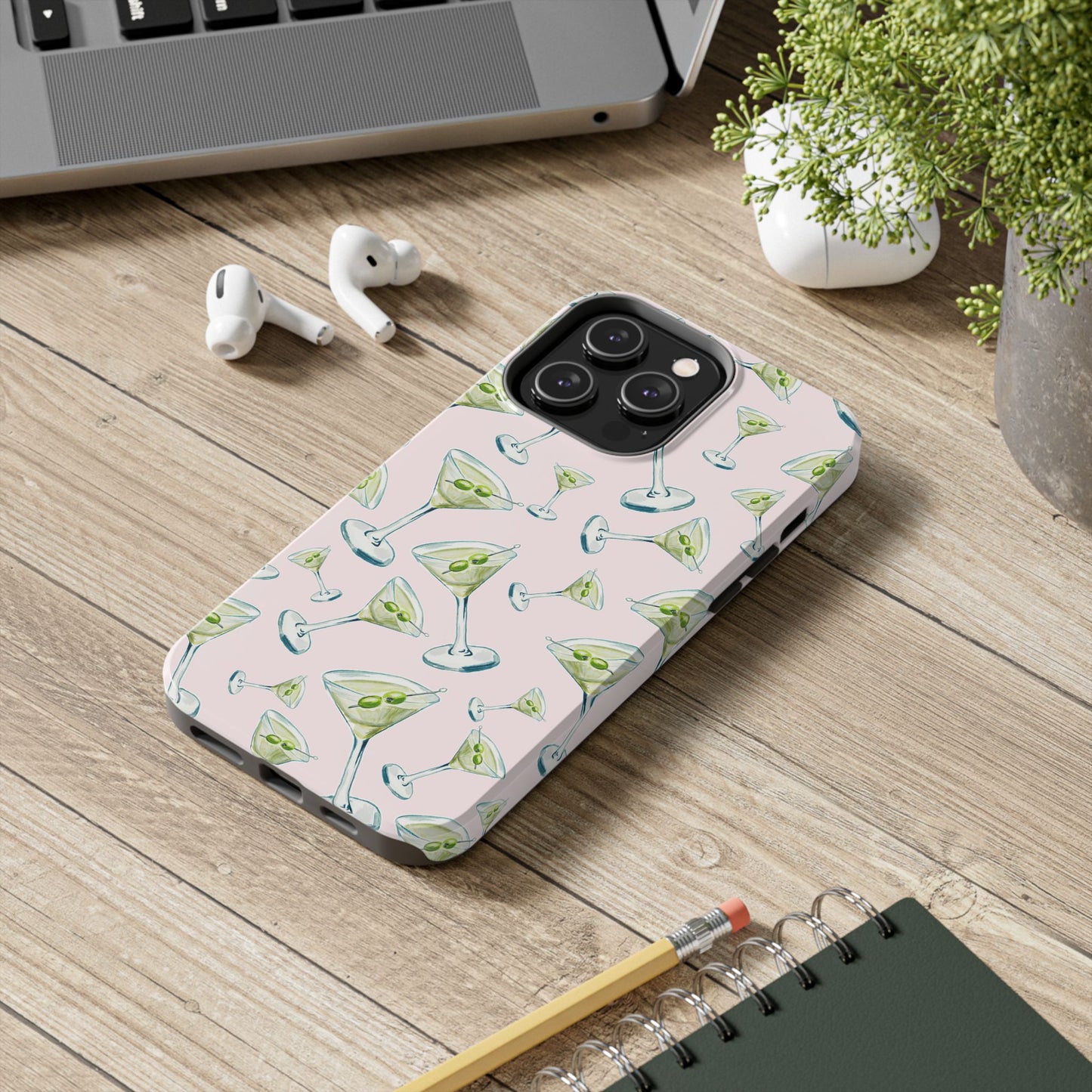 Watercolor Blue and Green Martinis Tossed Illustrated Pattern Blush Pink Tough Phone Case | Various Models