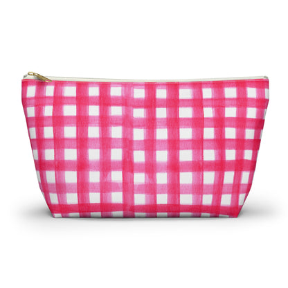 Hot Pink Gingham Watercolor Illustrated Printed Accessory Pouch T-Bottom | Large or Small
