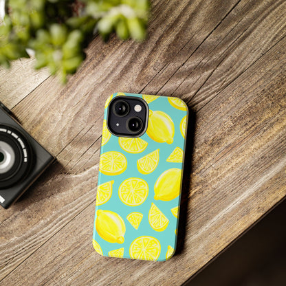 Bright Yellow Lemons Watercolor Illustrated Tossed Pattern Turquoise Blue Tough Phone Case | Various Models