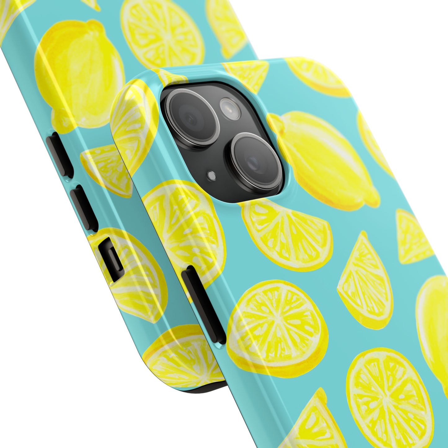 Bright Yellow Lemons Watercolor Illustrated Tossed Pattern Turquoise Blue Tough Phone Case | Various Models