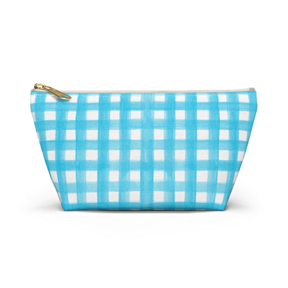 Turquoise Gingham Watercolor Illustrated Printed Accessory Pouch T-Bottom | Large or Small