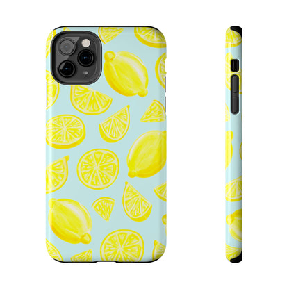 Bright Yellow Lemons Watercolor Illustrated Tossed Pattern Light Blue Tough Phone Case | Various Models