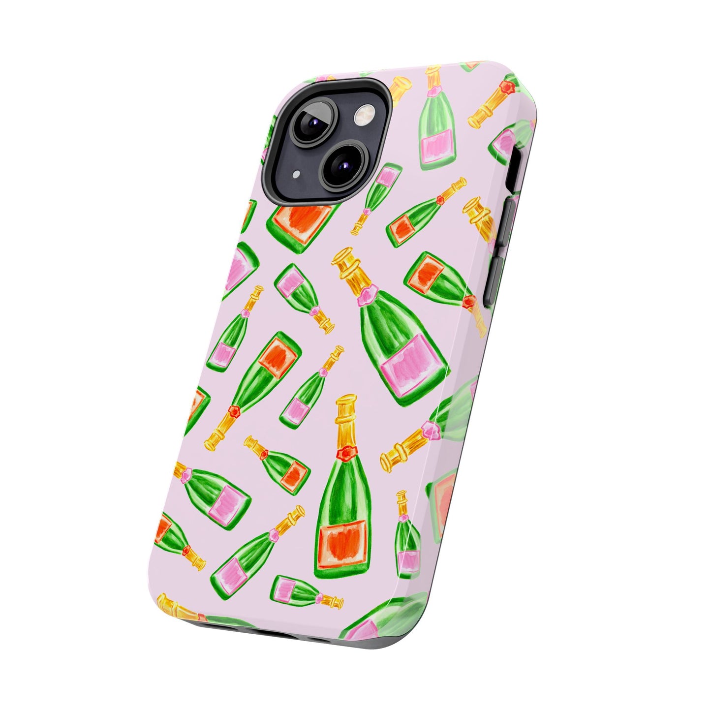 Tossed Pink and Green & Orange and Green Watercolor Illustrated Champagne Bottles Pattern Blush Pink Tough Phone Case | Various Models