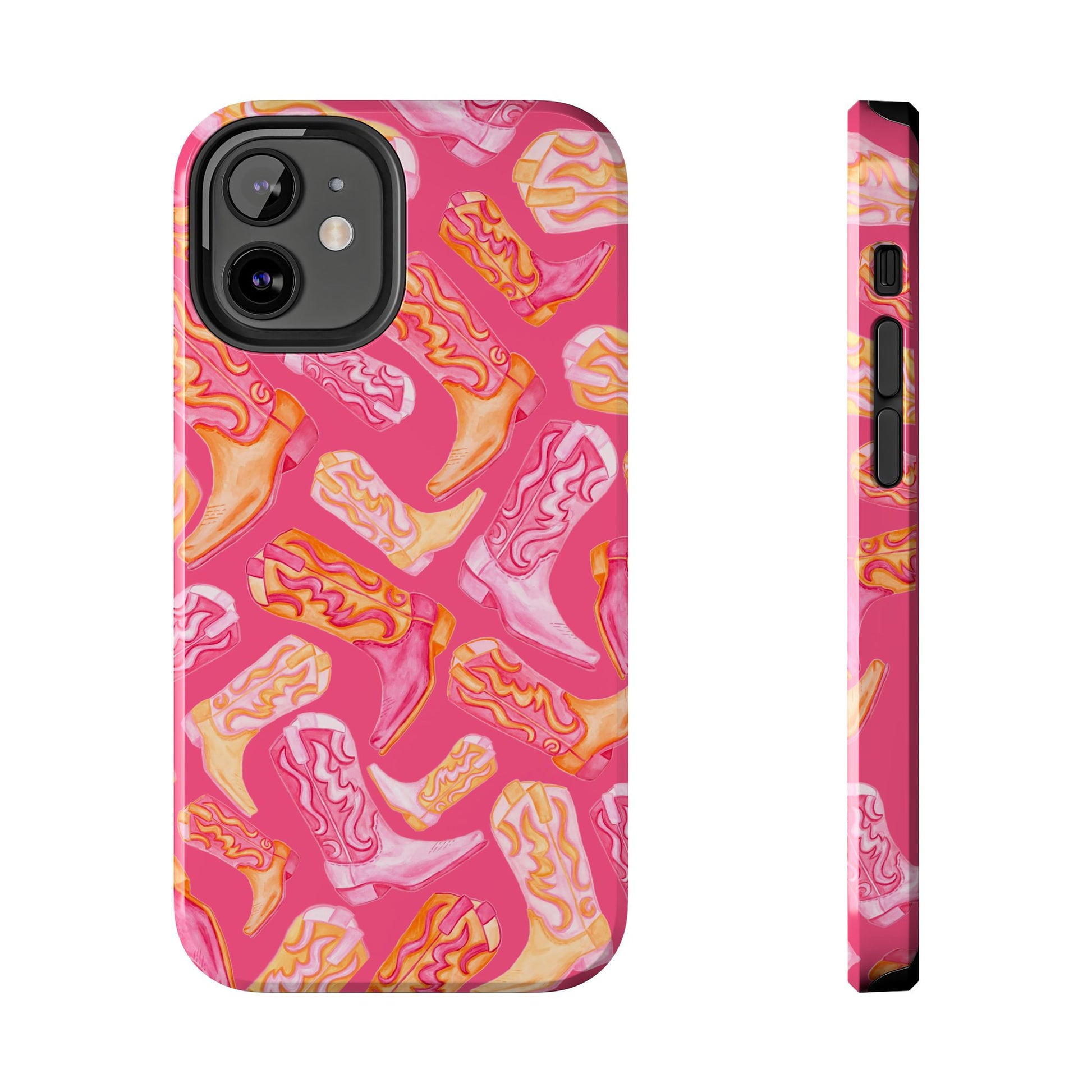 Tossed Hot Pink & Orange Watercolor Cowboy Boots Hot Pink Tough Phone Cases | Various Models iPhone 12 Mini