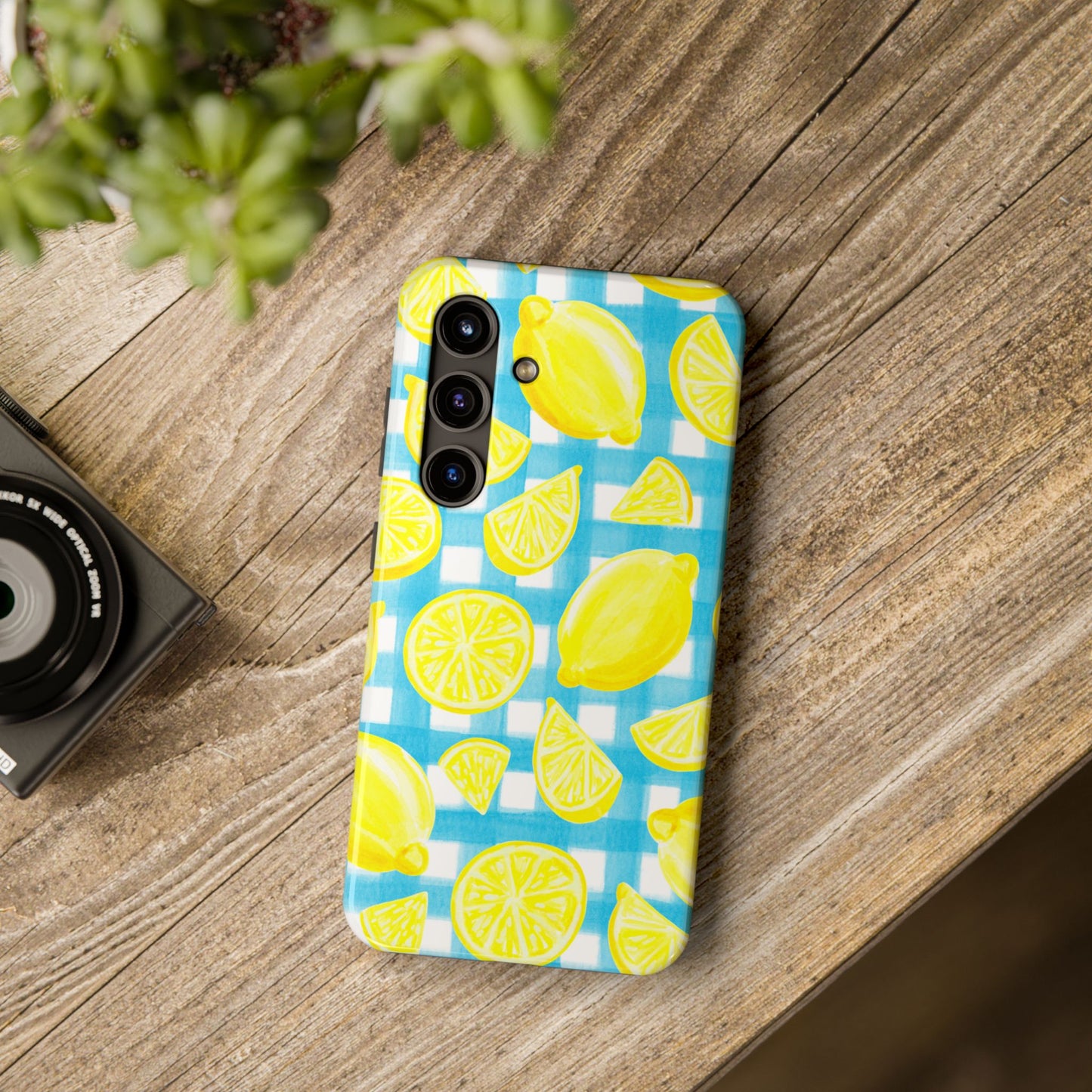 Yellow Lemons & Turquoise Gingham Watercolor Illustrated Tough Phone Case | Various Models Available