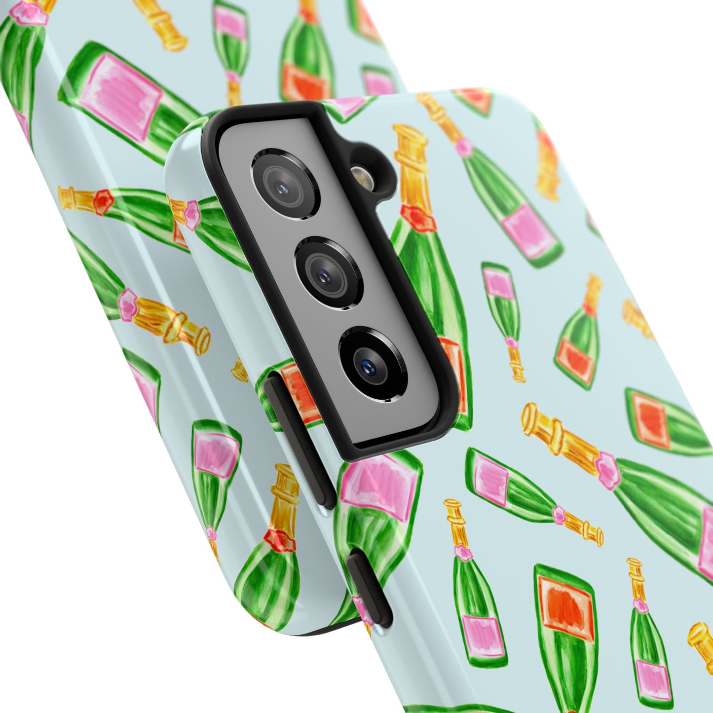 Tossed Pink and Green & Orange and Green Watercolor Illustrated Champagne Bottles Pattern Light Blue Tough Phone Case | Various Models