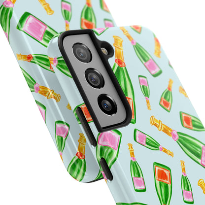 Tossed Pink and Green & Orange and Green Watercolor Illustrated Champagne Bottles Pattern Light Blue Tough Phone Case | Various Models