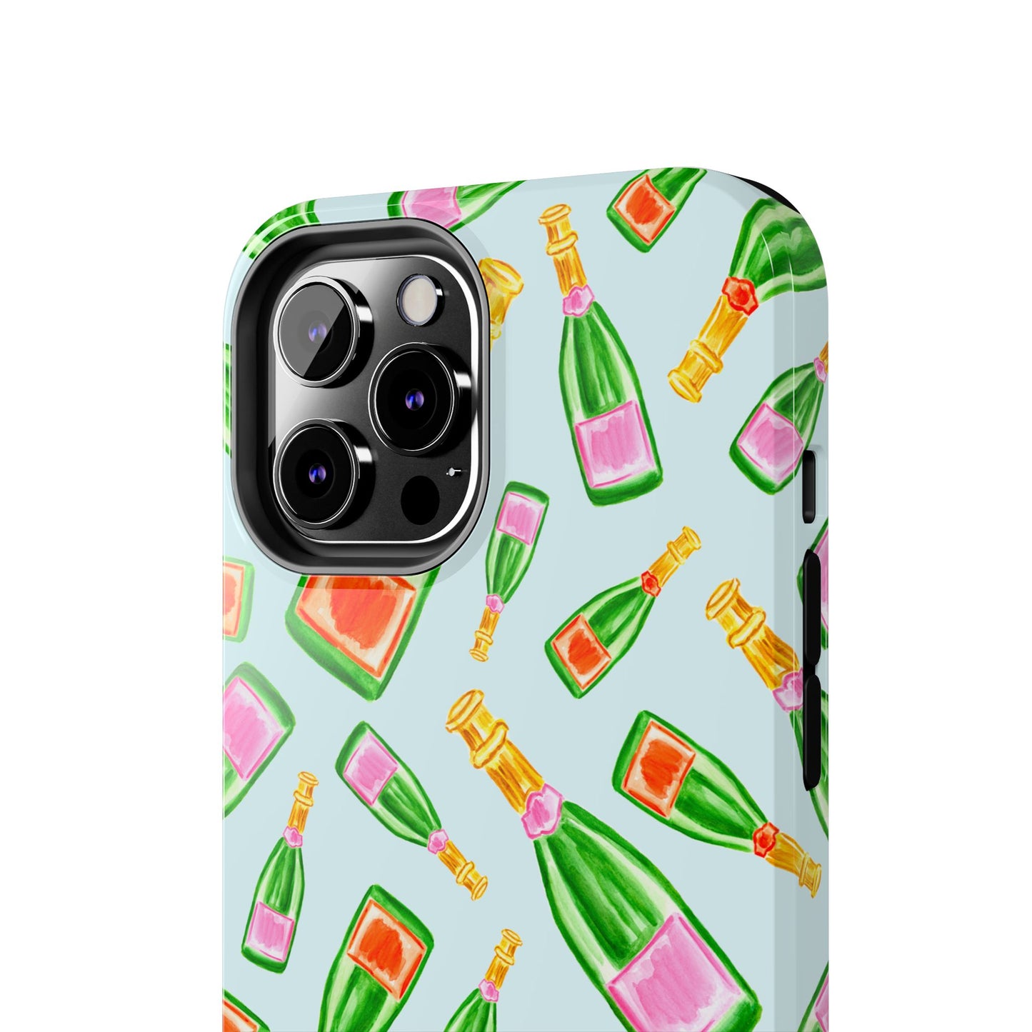 Tossed Pink and Green & Orange and Green Watercolor Illustrated Champagne Bottles Pattern Light Blue Tough Phone Case | Various Models