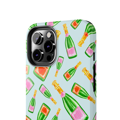 Tossed Pink and Green & Orange and Green Watercolor Illustrated Champagne Bottles Pattern Light Blue Tough Phone Case | Various Models