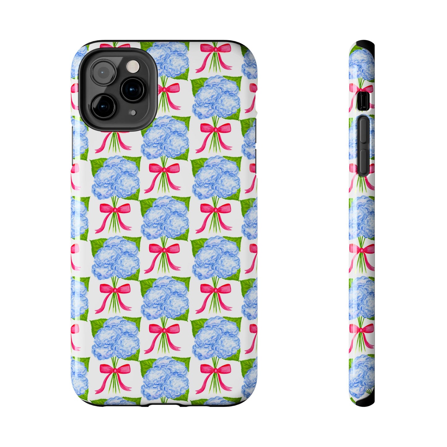 Blue Watercolor Hydrangea Bouquets with Hot Pink Bows Illustrated Patterned Tough Phone Case | Various Models