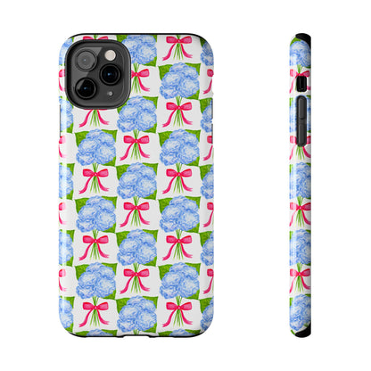 Blue Watercolor Hydrangea Bouquets with Hot Pink Bows Illustrated Patterned Tough Phone Case | Various Models