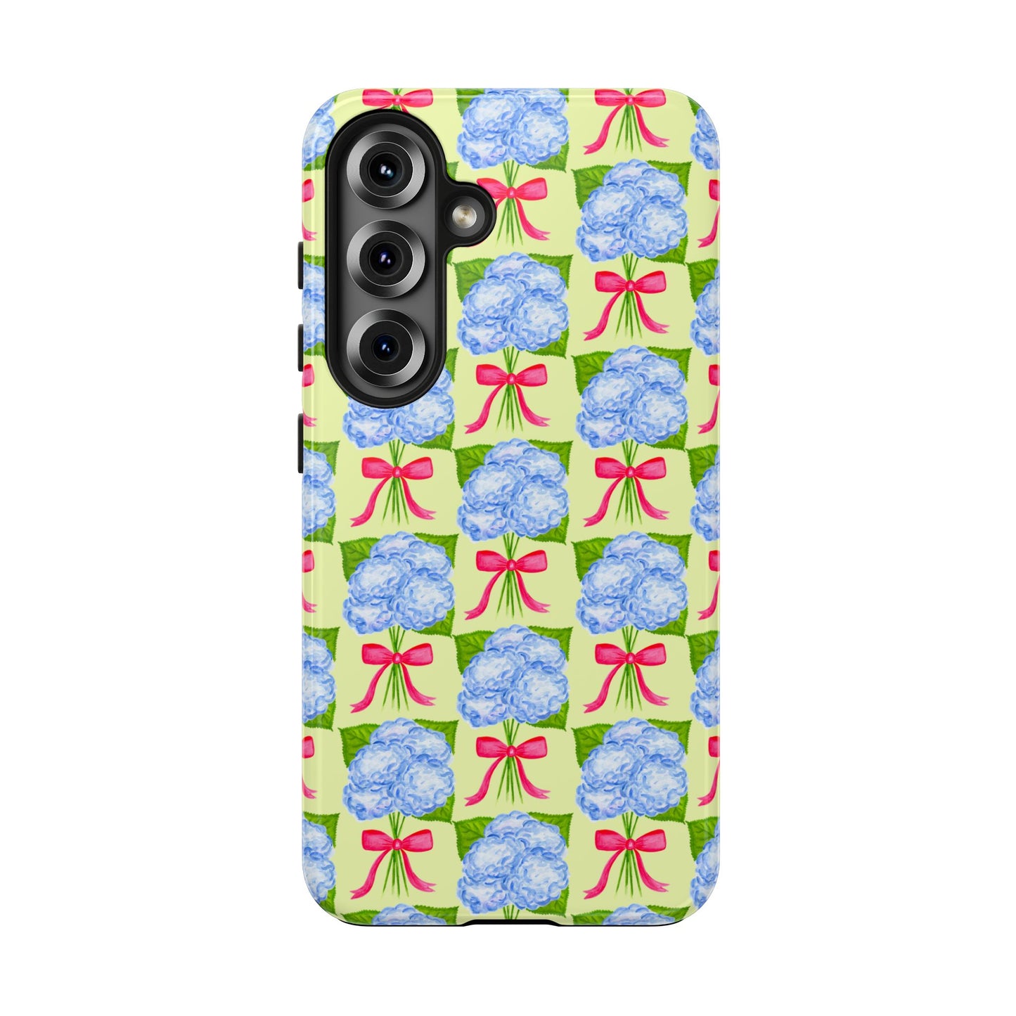 Blue Watercolor Hydrangea Bouquets with Hot Pink Bows Illustrated Patterned Yellow Preppy Grand Millenial Tough Phone Case | Various Models