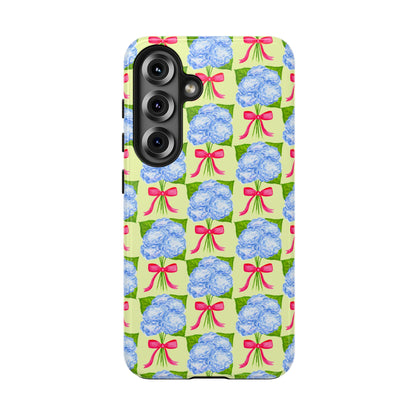 Blue Watercolor Hydrangea Bouquets with Hot Pink Bows Illustrated Patterned Yellow Preppy Grand Millenial Tough Phone Case | Various Models