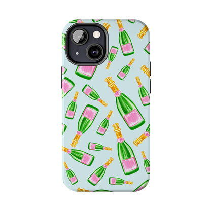 Tossed Pink and Green Watercolor Illustrated Champagne Bottles Pattern Light Blue Tough Phone Case | Various Models