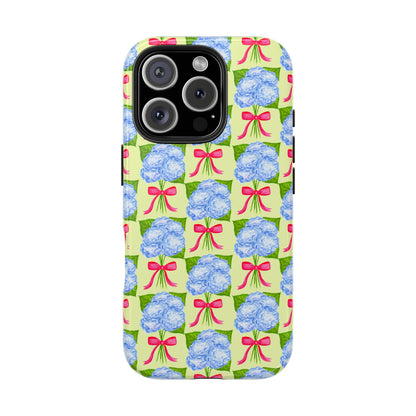 Blue Watercolor Hydrangea Bouquets with Hot Pink Bows Illustrated Patterned Yellow Preppy Grand Millenial Tough Phone Case | Various Models