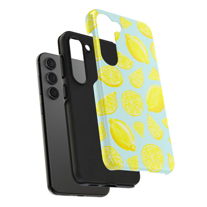 Bright Yellow Lemons Watercolor Illustrated Tossed Pattern Light Blue Tough Phone Case | Various Models