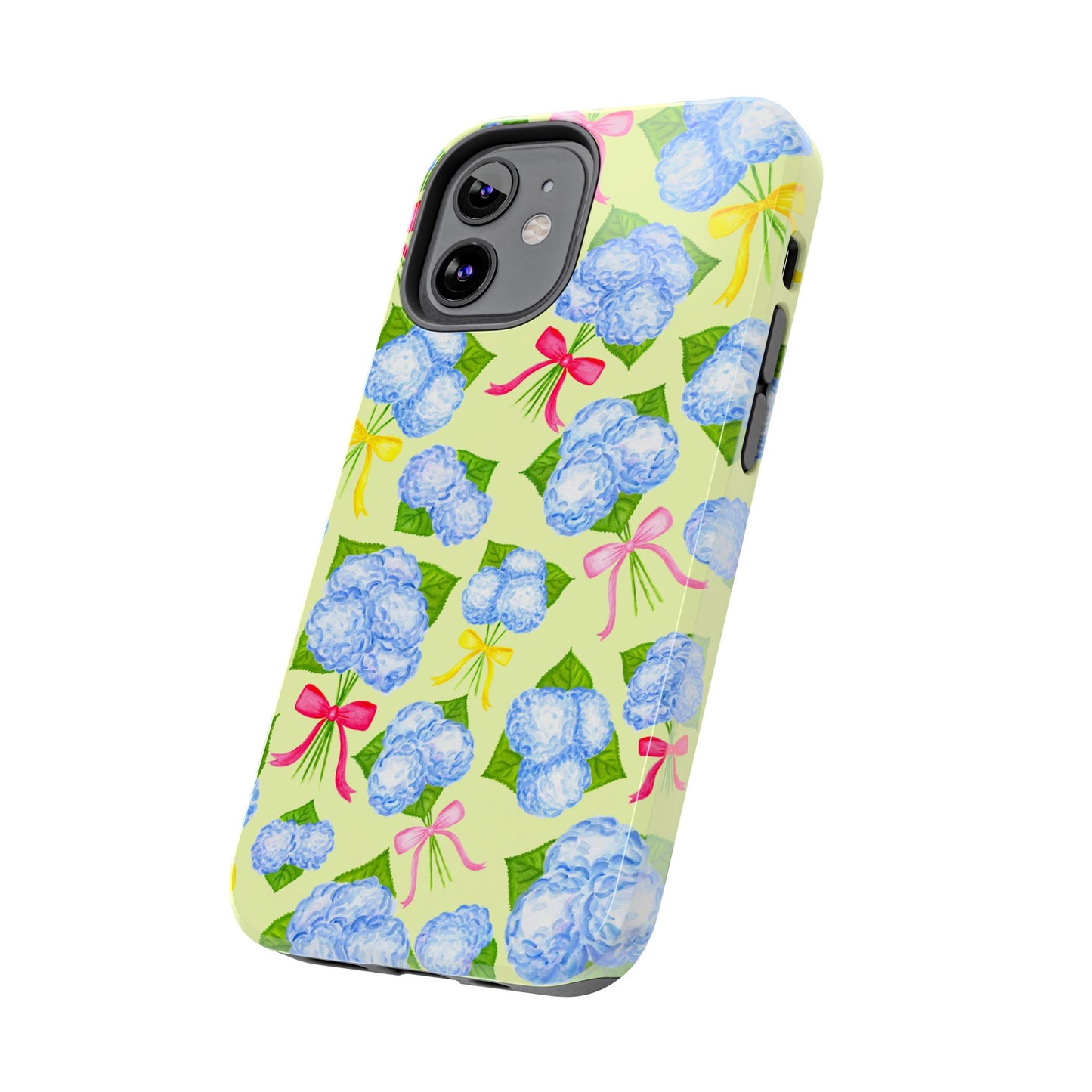 Blue Watercolor Hydrangea Bunches with Hot Pink, Yellow, Light Pink Bows Illustrated Patterned Yellow Tough Phone Case | Various Models
