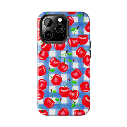 Tossed Red Cherries Blue Gingham Checkered Watercolor Illustrated Tough Phone Case | Various Models