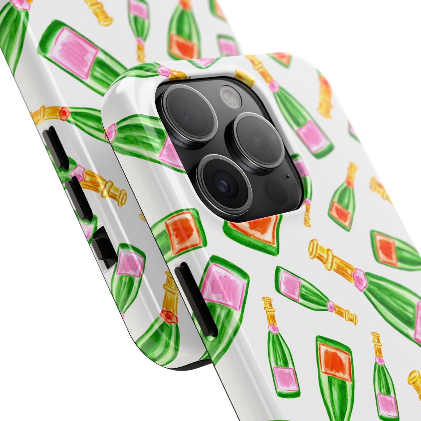 Tossed Pink and Green & Orange and Green Watercolor Illustrated Champagne Bottles Pattern Tough Phone Case | Various Models